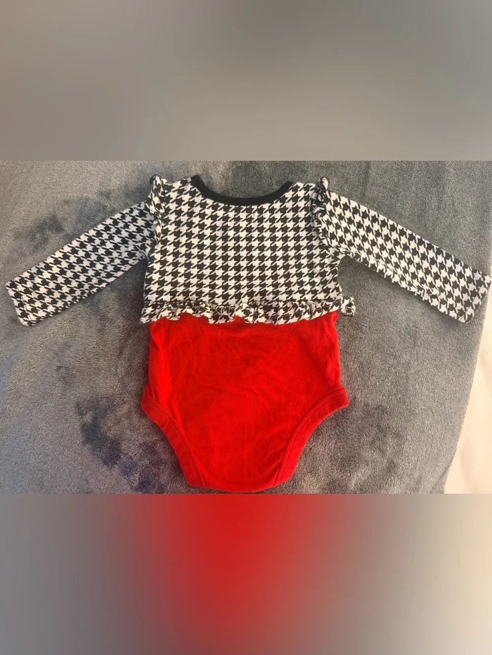 Monogram “C” Black & White Houndstooth Long-Sleeve Bodysuit with Red Accents